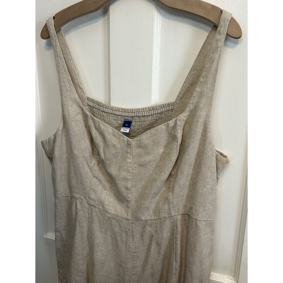 Old Navy XL Beige Linen Smocked Back Midi Dress Pockets Cottage Lagenlook Costal - Picture 3 of 9